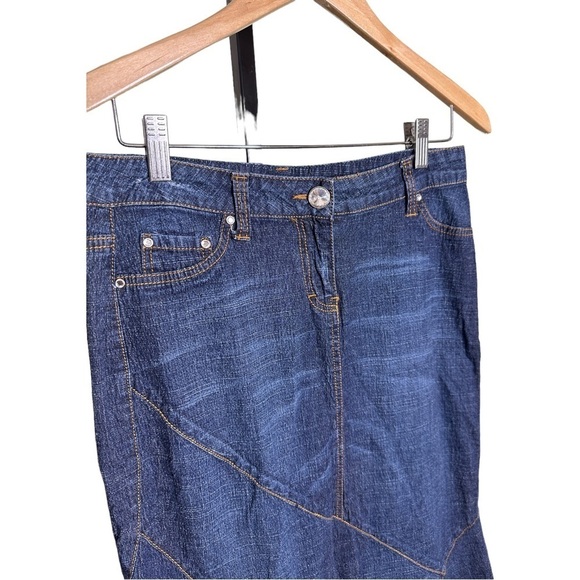 Caché Denim Crystal Accents Front Zip Maxi Flare Bottom Skirt 4 - Picture 3 of 7